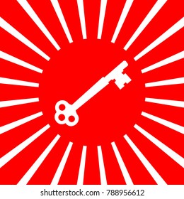 Old keys set with decorative elements in retro style. Vector. White icon on red sun with rays as background. Isolated.