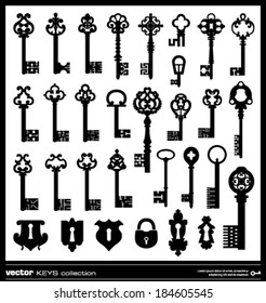 Old Keys Silhouette Collection. Vintage Key Vector Silhouettes And Keyholes.