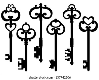 Old Keys, Silhouettes Set, Vector Version