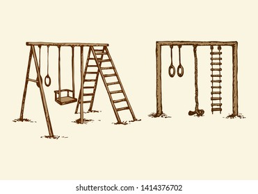 Old kid rung and hawser bar set on outside yard ground grass lawn isolated on white background. Freehand line black ink hand drawn crossbar sketch in retro cartoon doodle graphic style pen on paper