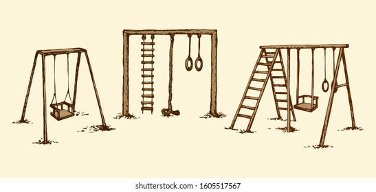 Old kid rung and hawser bar set on outside yard ground grass lawn isolated on white background. Freehand line black ink hand drawn crossbar sketch in retro cartoon doodle graphic style pen on paper