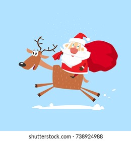 Old kind Santa Claus with big red bag on his back riding on reindeer. Vector, illustration, flat