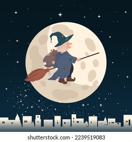 Old kind Witch Befana tradition Christmas Epiphany character in Italy flying on broomstick against moon. Bouna festa della befana greeting card, template