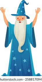 Old kind wizard with long white beard wearing blue robe and magician hat with stars raising hands in cheerful greeting gesture standing on white background