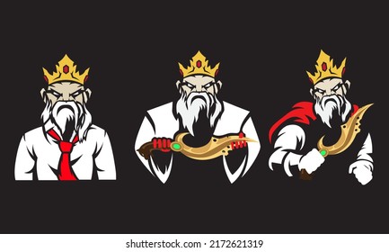 The Old King Character In Various Costumes Uses A Kujang Weapon. Vector Illustration