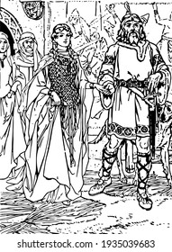 The old king holding hand of young female and walking, two people walking behind the, soldiers are fighting in background, vintage line drawing or engraving illustration