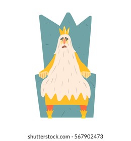 Old King With Very Long Beard Sitting On The Throne Fairy-Tale Cartoon Childish Character