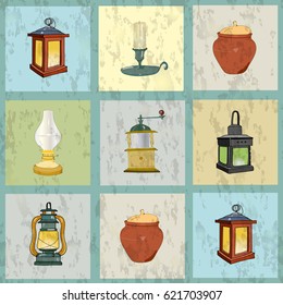 Old kitchen items and lamps,  seamless pattern. 