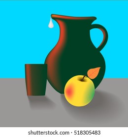 Old kitchen table still life with jug, cup and apple