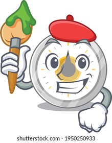 Old kitchen timer artist cartoon picture style paint a landscape using a brush. Vector illustration
