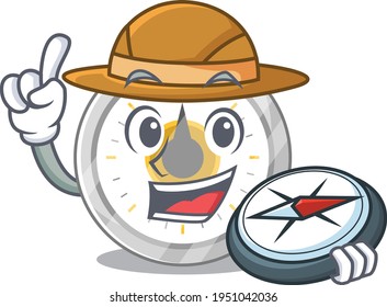 Old kitchen timer mascot design style of explorer using a compass during the journey. Vector illustration
