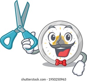 Old kitchen timer talented barber cartoon character design working in the barbershop. Vector illustration