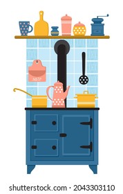 Old kitchen wood-burning stove with a kettle and pots. On the shelf above the oven there are jars with spices, a mug, a coffee grinder. There is a salt shaker hanging on the wall. Vector illustration