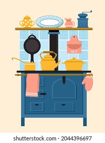 Old kitchen wood-burning stove with a kettle and pots. On the shelf above the oven is sugar bowl, milk jug, coffee grinder and plate. Salt shaker and frying pan hang on the wall. Vector illustration