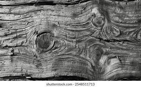 Old Knotted Weathered Rotten Cracked Wooden texture. Cracks and knots in an old wooden trunk. Black and white wood texture. 