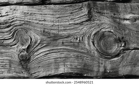 Old Knotted Weathered Rotten Cracked Wooden texture. Cracks and knots in an old wooden trunk. Black and white wood texture. 