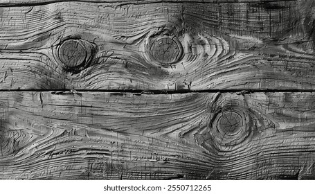 Old Knotted Weathered Rotten Cracked Wooden texture. Cracks and knots in an old wooden trunk. Black and white wood texture. 