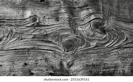 Old Knotted Weathered Rotten Cracked Wooden texture. Cracks and knots in an old wooden trunk. Black and white wood texture. 