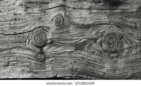 Old Knotted Weathered Rotten Cracked Wooden texture. Cracks and knots in an old wooden trunk. Black and white wood texture. 