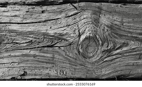 Old Knotted Weathered Rotten Cracked Wooden texture. Cracks and knots in an old wooden trunk. Black and white wood texture. 