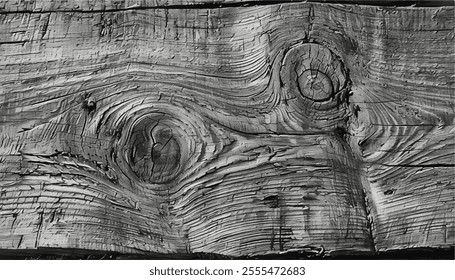 Old Knotted Weathered Rotten Cracked Wooden texture. Cracks and knots in an old wooden trunk. Black and white wood texture. 