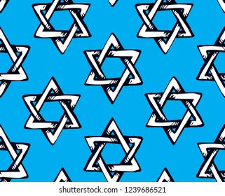 Old kosher judaic chanukkah magen shape heritage backdrop. God torah chanukah yiddish day logo emblem. White color hand drawn zion ethnic hannukah sketch in retro art doodle cartoon style on blue fond