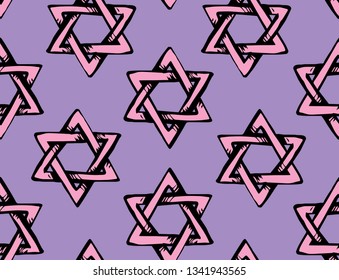 Old kosher judaic chanukkah magen shape heritage backdrop. God torah chanukah yiddish day logo emblem. Pink color hand drawn zion ethnic hannukah sketch in retro art doodle cartoon style on light purp