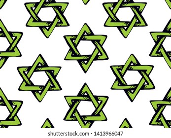 Old kosher judaic chanukkah magen shape heritage backdrop. God torah chanukah yiddish day logo emblem. Bright green color hand drawn zion ethnic hannukah sketch in retro art doodle cartoon style on wh