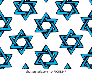 Old kosher judaic chanukkah magen shape heritage light white backdrop. God torah chanukah yiddish day logo emblem. Blue color hand drawn zion ethnic hannukah sketch in retro art doodle cartoon style