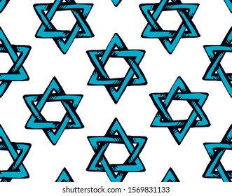 Old kosher judaic chanukkah magen shape heritage backdrop. God torah chanukah yiddish day logo emblem. Blue color hand drawn zion ethnic hannukah sketch. Retro art doodle cartoon style on light white