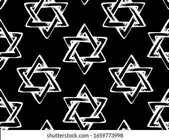 Old kosher judaic chanukkah magen shape heritage backdrop. God torah chanukah yiddish day logo emblem. White color hand drawn zion ethnic hannukah sketch in retro art silhouette cartoon style on dark