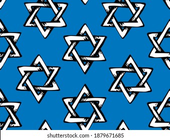 Old kosher judaic chanukkah magen shape heritage bright blue backdrop. God torah chanukah yiddish day logo emblem. White color hand drawn zion ethnic hannukah sketch in retro art doodle cartoon style