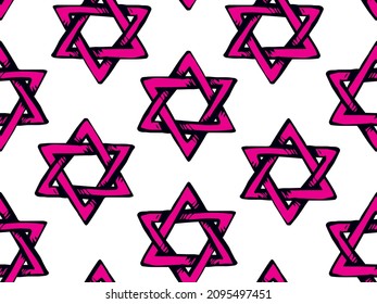 Old kosher judaic chanukkah magen shape heritage white backdrop. God torah chanukah yiddish day logo emblem. Bright magenta color hand drawn zion ethnic hannukah sketch retro art doodle cartoon style