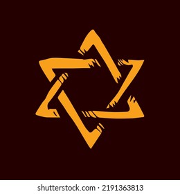 Old Kosher Judaic Chanukkah Magen Shape Heritage. God Torah Chanukah Yiddish Day Logo Emblem. Yellow Color Hand Drawn Zion Ethnic Hannukah Frame In Retro Art Doodle Cartoon Style On Dark Black Pattern