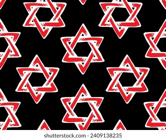 Old kosher judaic chanukkah magen shape heritage backdrop. God torah chanukah yiddish day logo emblem. Red color hand drawn zion ethnic hannukah sketch retro art doodle cartoon style dark black fond