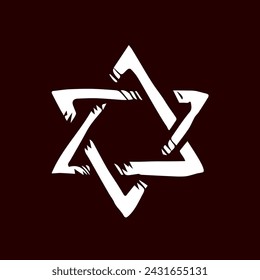 Old kosher judaic chanukkah magen shape heritage. God torah chanukah yiddish day logo emblem. White color hand drawn zion ethnic hannukah frame in retro art doodle cartoon style on black pattern text