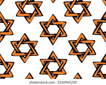 Antiguo telón de fondo judío kosher chanukkah magen forma de herencia. Dios torah chanukah yiddish logo emblema del día. Color naranja brillante dibujado a mano zion étnico hannukah sketch en estilo de dibujos animados de doodle de arte retro en w