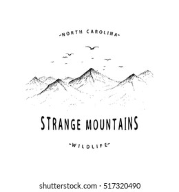 Old label with mountains.Vintage style.Engraving style.Vector illustration