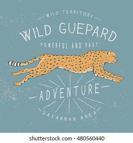 Old label with running guepard.Print design for t-shirts.Vector illustration