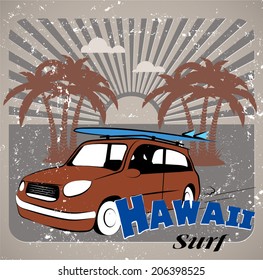 old label summer surfing on Hawaii