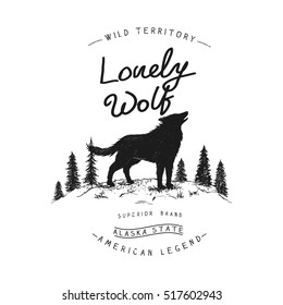 Old label with wolf in forest.Vintage style.Prints vector design for t-shirts