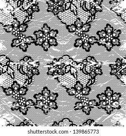 Old lace background, ornamental black flowers. Vector realistic texture. Seamless rumpled pattern.