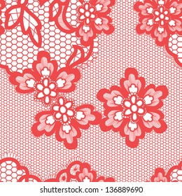 Old lace background, ornamental flowers ahd hearts. Realistic seamless vector texture red. Guipure. Eps 8