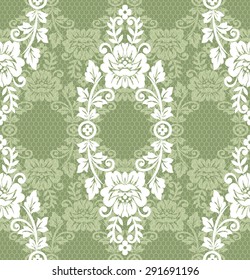 Old lace background, ornamental flowers. Vector realistic texture. Seamless pattern.