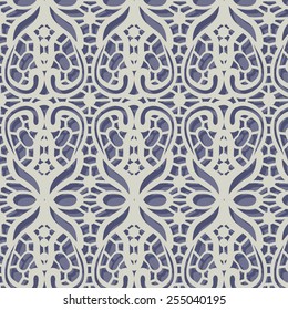 Old lace background, ornamental pattern in beige colors on dark violet background. Vector texture. Floral seamless beige abstract hand-drawn pattern