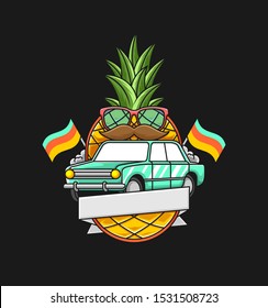 Old lada car with cool pineapple and flag background badge template