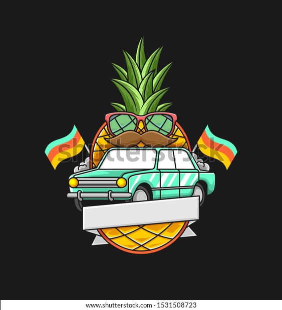Old lada car with cool pineapple and flag\
background badge template