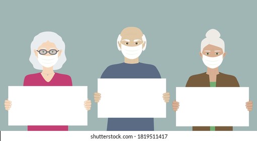 Old ladies and old man hold banner and wear face mask to protect from virus, cartoon character vector illustration