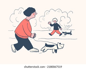 Old ladies walking their dog in the park. Vector illustration in cartoon style.