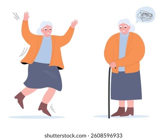 Old lady active, healthy dancing. Elderly granny feels bad, feeble, sad with a cane. Vector flat graphics.